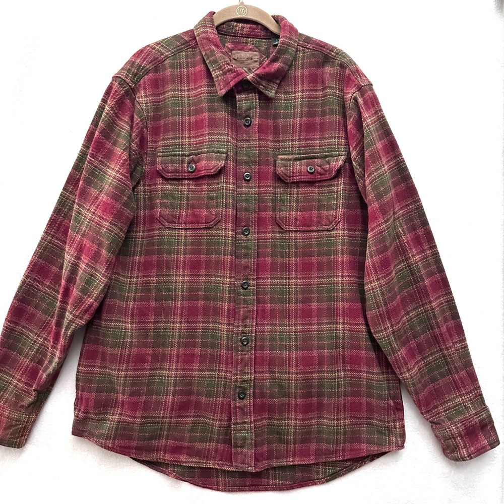 Orvis Mens Large Flannel Shacket Chore Shirt Heavy Red Green Plaid Cotton